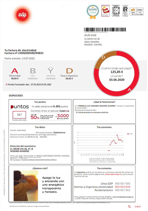 SPAIN EDP utility bill template, version 2